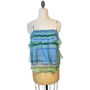 Tracy Reece Blue Green Stripe Silk Summer Top Small